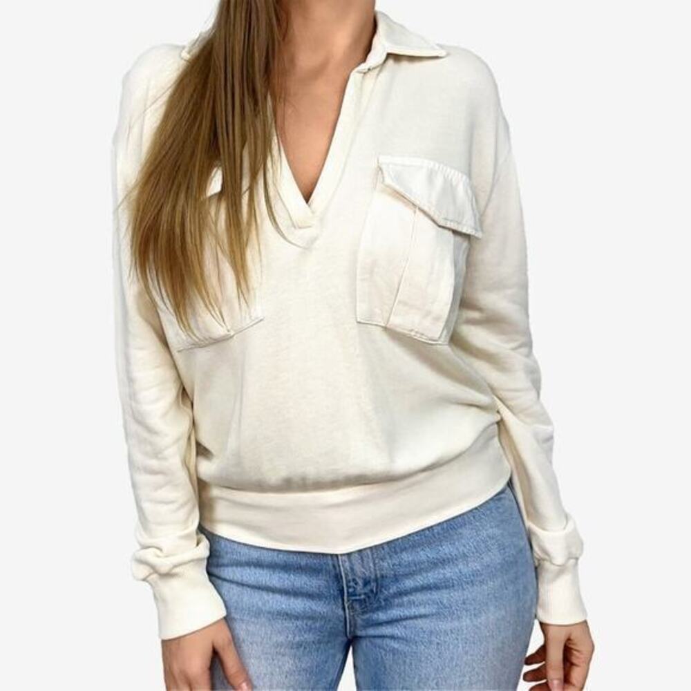 Monrow Polo Pocket Sweatshirt Size S Cream Cotton Soft‎ Comfy Relaxed Lounge